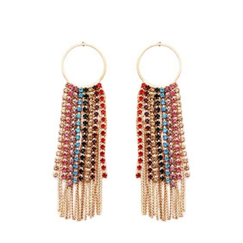 Noir Waterfall Earrings Multi Color Gold Circle Fringe Crystal Rhinestone Dangle